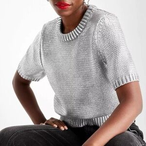Future Collective Metallic Short Sleeve Knit Sweater Top Silver XS